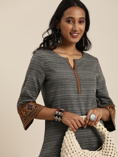 

Taavi Women Charcoal Grey Woven Design Acrylic Sustainable Bhujodi Winterwear Kurta