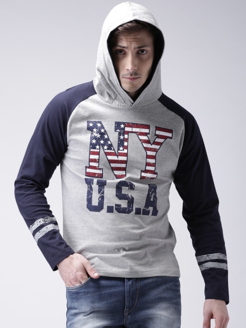 

Moda Rapido Men Grey Melange & Navy Printed Hooded T-Shirt