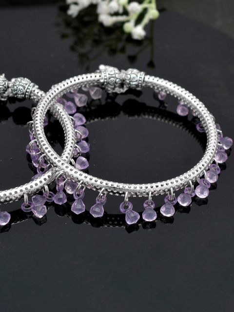 

Silvermerc Designs Set Of 2 Silver-Plated Lavender-Coloured Beaded Tribal Kada Anklets