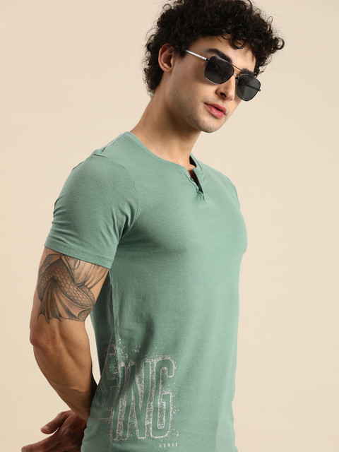 

Being Human Men Green Typography Printed Henley Neck Pure Cotton T-shirt