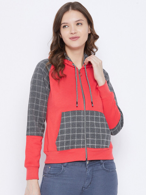 

FirstKrush Women Red Checked Hooded Sweatshirt