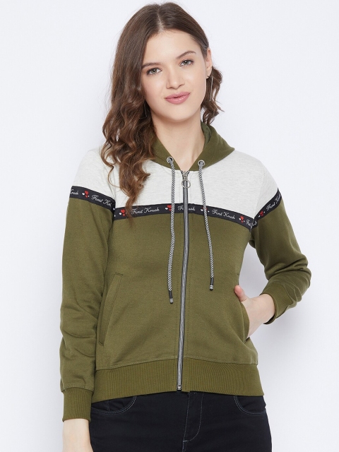 

FirstKrush Women Olive Green Striped Hooded Sweatshirt