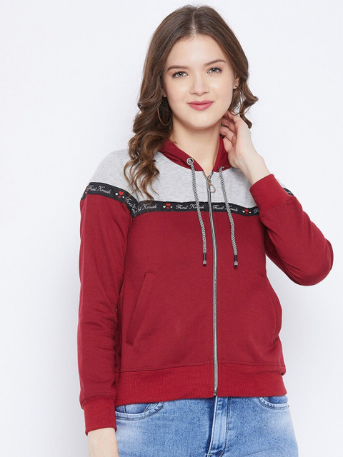 

FirstKrush Women Maroon & Grey Colourblocked Hooded Sweatshirt