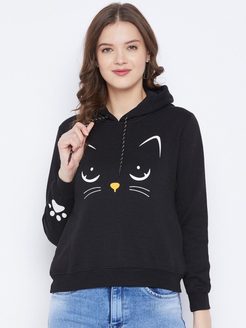 

FirstKrush Women Black Printed Hooded Sweatshirt