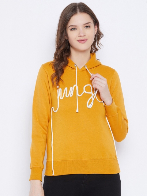 

FirstKrush Women Mustard Embroidered Hooded Sweatshirt