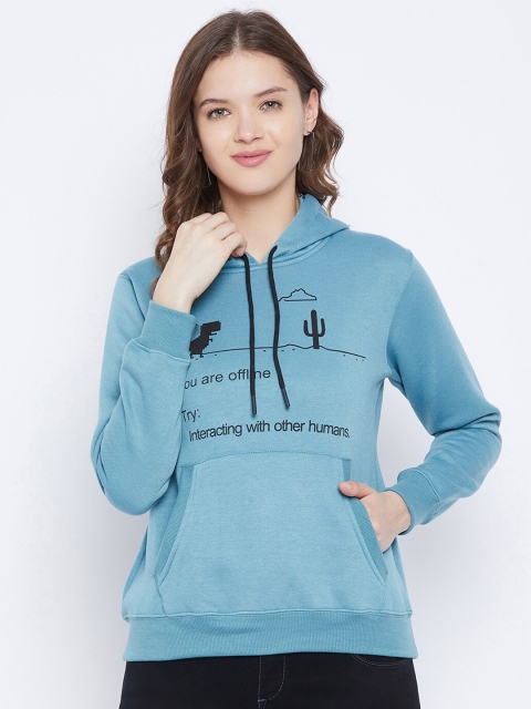 

FirstKrush Women Teal Blue & Black Printed Hooded Sweatshirt