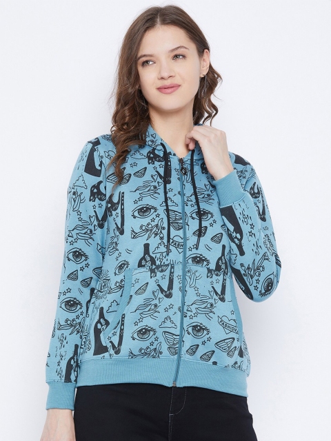 

FirstKrush Women Blue & Black Printed Hooded Sweatshirt