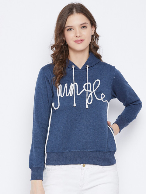 

FirstKrush Women Blue & White Typography Hooded Sweatshirt