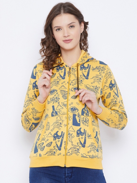 

FirstKrush Women Mustard Printed Hooded Sweatshirt