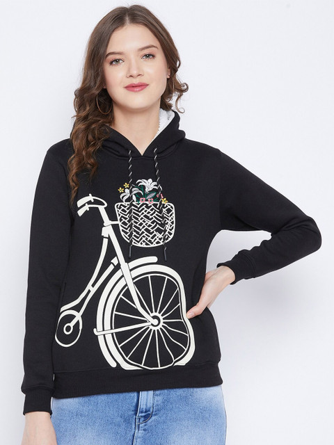 

FirstKrush Women Black Printed Hooded Sweatshirt