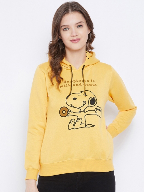 

FirstKrush Women Mustard Yellow & Black Snoopy Printed Hooded Sweatshirt