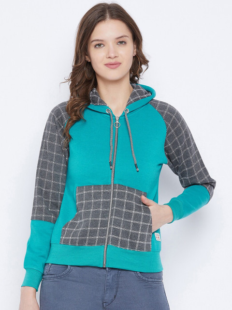 

FirstKrush Women Teal Checked Hooded Sweatshirt