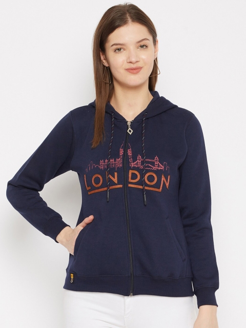 

FirstKrush Women Navy Blue & Brown Typography Hooded Sweatshirt