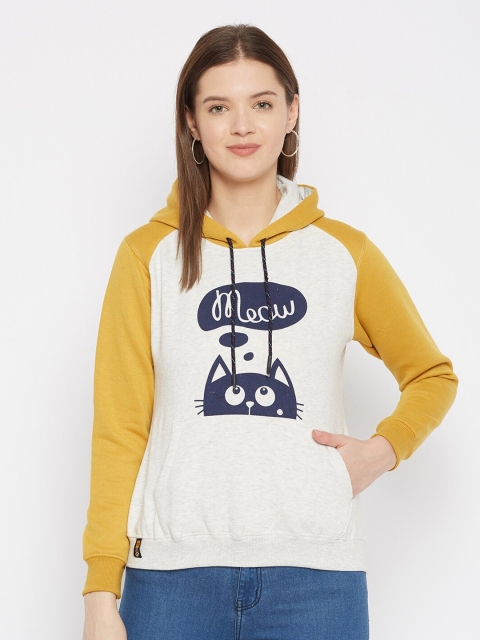 

FirstKrush Women Mustard & White Printed Hooded Sweatshirt