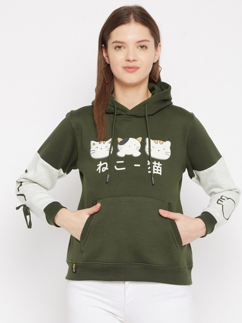 

FirstKrush Women Olive Green & White Printed Hooded Sweatshirt