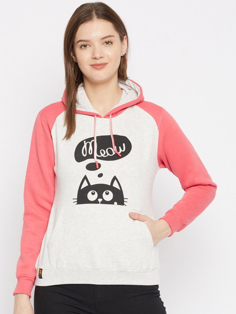

FirstKrush Women Peach-Coloured & Grey Printed Hooded Sweatshirt
