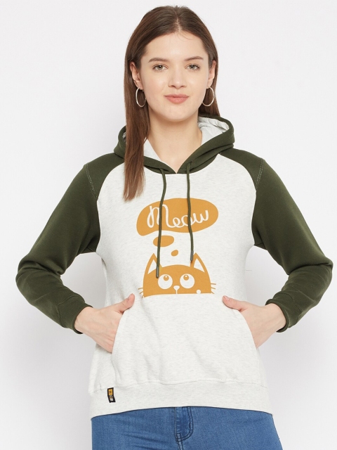 

FirstKrush Women Olive Green Printed Hooded Sweatshirt