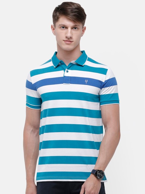 

Classic Polo Men Blue & White Striped Polo Collar Slim Fit T-shirt