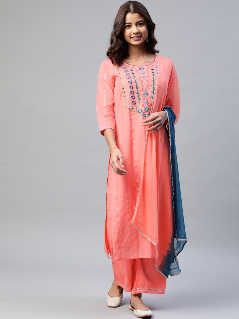 

Yuris Women Coral & Teal Blue Floral Embroidered Pure Cotton Kurta With Palazzos & Dupatta
