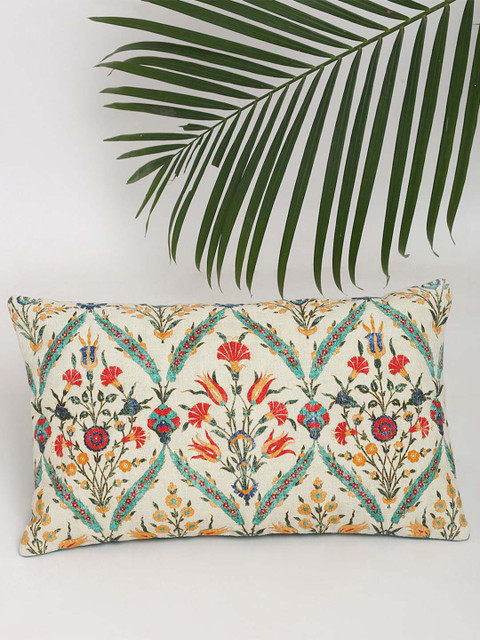 

Fabindia Teal & Off White Floral Rectangle Cotton Cushion Cover