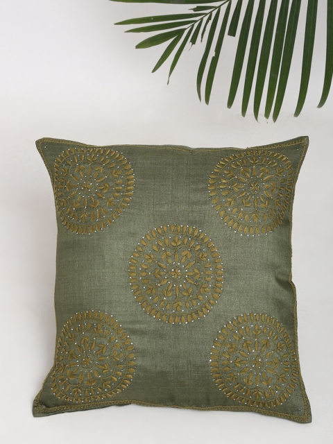 

Fabindia Green Chikankari Embroidered Square Tussar Silk Cushion Cover