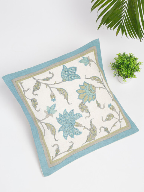 

Fabindia Turquoise Blue & Off White Floral Printed Cotton Square Cushion Covers