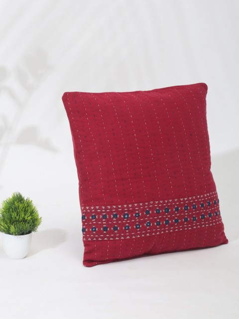 

Fabindia Red & Navy Blue Embroidered Square Cotton Cushion Cover