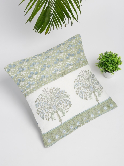 

Fabindia Green & White Ethnic Motifs Square Cotton Cushion Cover