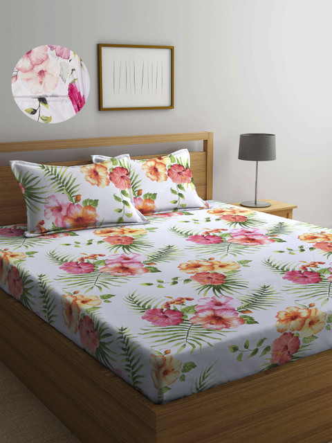 

Arrabi White & Green Floral 300 TC 1 King Bedsheet & 2 Pillow Covers
