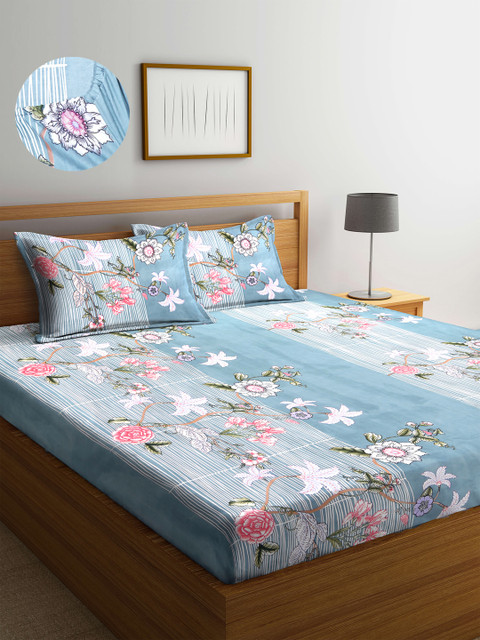 

Arrabi Blue Floral 300 TC King Bedsheet with 2 Pillow Covers