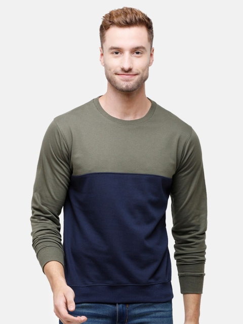 

MADSTO Men Olive Green & Blue Colourblocked Cotton Sweatshirt