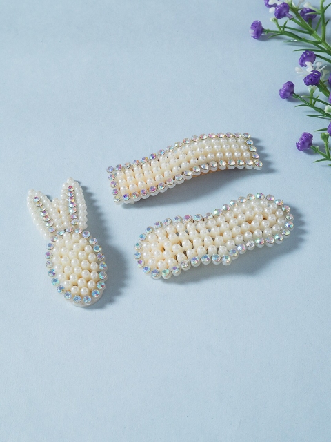 

Golden Peacock Women White & Transparent Set of 3 Beaded Tic Tac Hair Clip