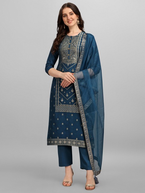 

Seerat Women Teal Ethnic Motifs Regular Pure Silk Kurti with Palazzos & With Dupatta