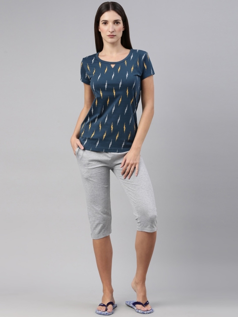 

A3A Women Blue & Grey Printed Pure Cotton Night suit