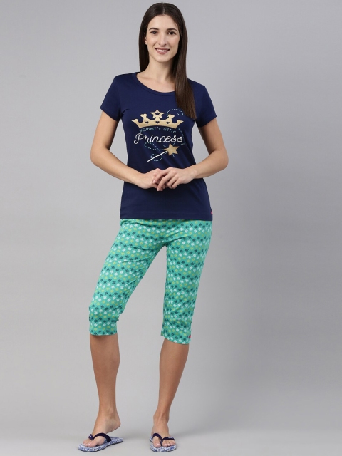 

A3A Women Blue & Green Printed Pure Cotton Night suit