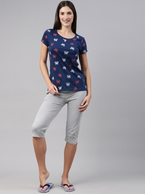 

A3A Women Blue & Grey Printed Pure Cotton Night suit