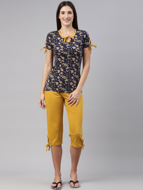

A3A Women Blue & Mustard Pure Cotton Printed Night suit