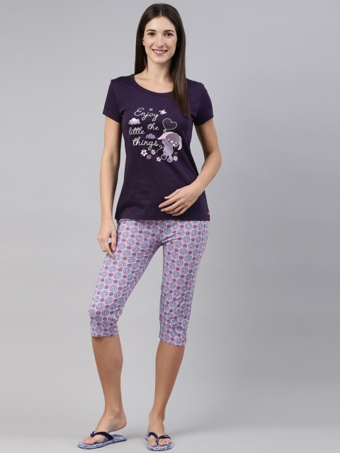

A3A Women Purple Printed Pure Cotton Night Suit
