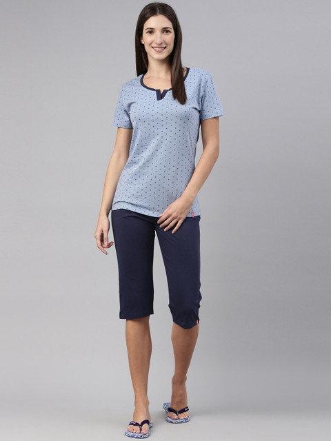 

A3A Women Blue & Navy Blue Printed Pure Cotton 2 Pc Night Suit