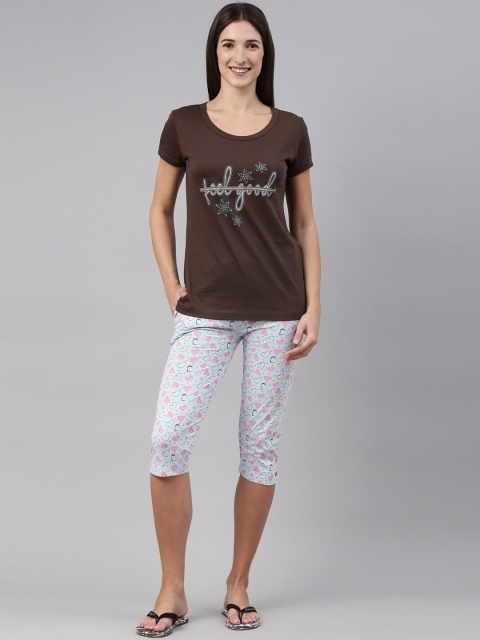 

A3A Women Brown & Blue Printed Cotton Night suit
