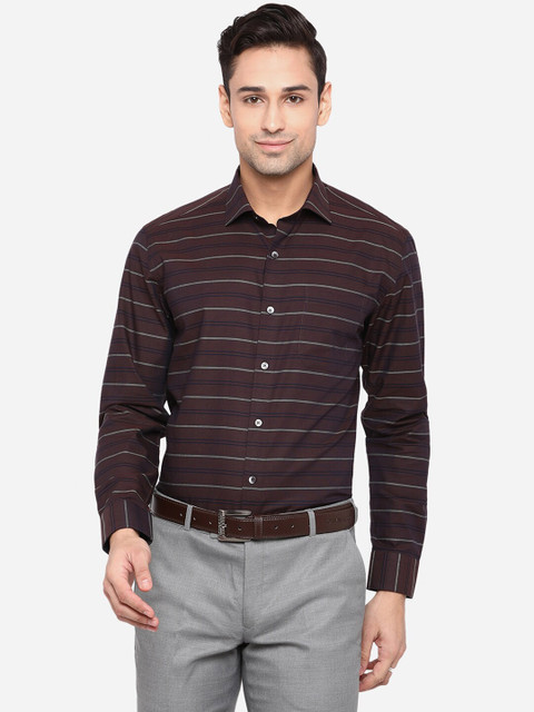 

JADE BLUE Men Brown Slim Fit Horizontal Stripes Opaque Striped Formal Shirt