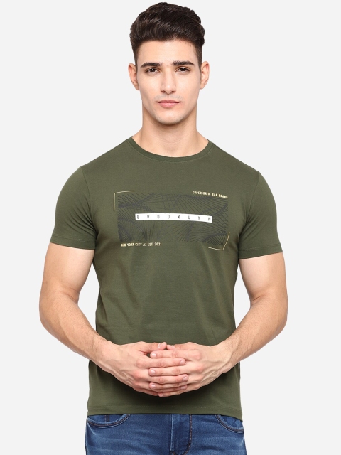 

JADE BLUE Men Olive Green Printed Pure Cotton Slim Fit T-shirt