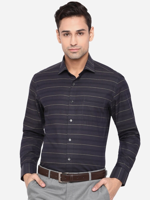 

JADE BLUE Men Grey Slim Fit Horizontal Pure Cotton Striped Formal Shirt