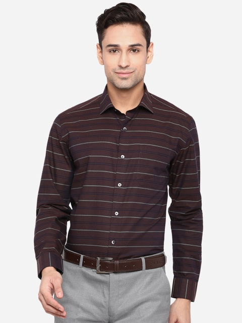 

JADE BLUE Men Brown Slim Fit Horizontal Pure Cotton Striped Formal Shirt