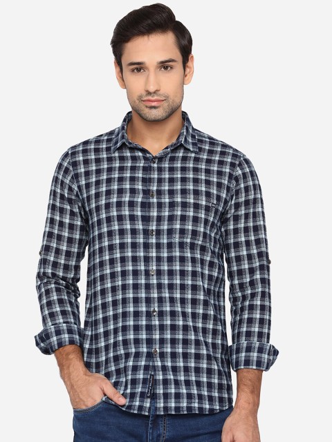 

JADE BLUE Men Blue Slim Fit Opaque Checked Pure Cotton Casual Shirt