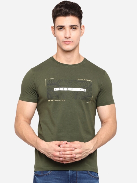 

JADE BLUE Men Olive Green Printed Applique Slim Fit T-shirt