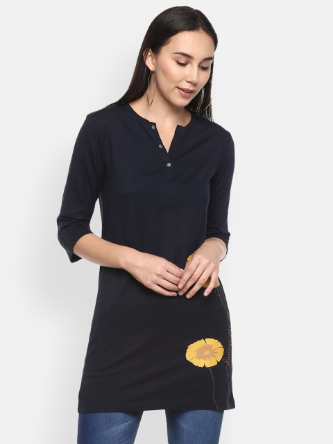 

LAMOURE BY RED CHIEF Women Navy Blue & Yellow Printed Henley Neck Cotton T-shirt