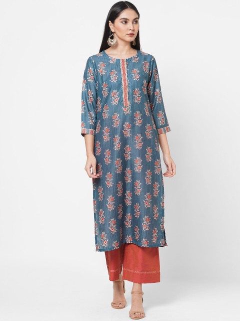 

KAMI KUBI Women Blue & Maroon Floral Printed Regular Kurta with Palazzos
