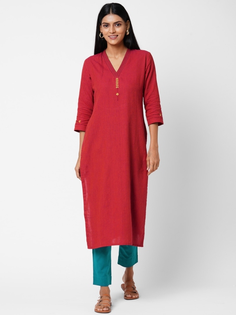 

KAMI KUBI Women Red Floral Embroidered Regular Pure Cotton Kurta with Trousers
