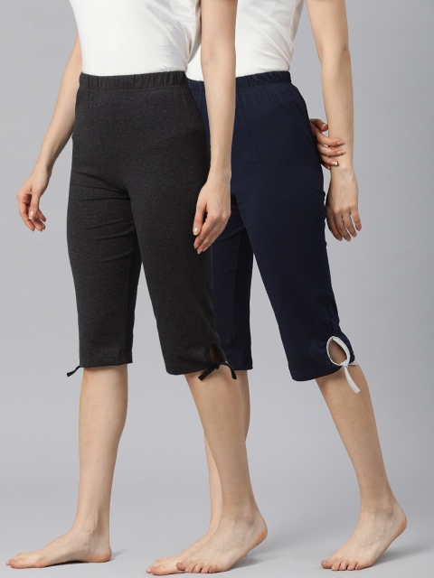 

NOT YET by us Women Pack Of 2 Navy Blue & Grey Solid Capris, Black